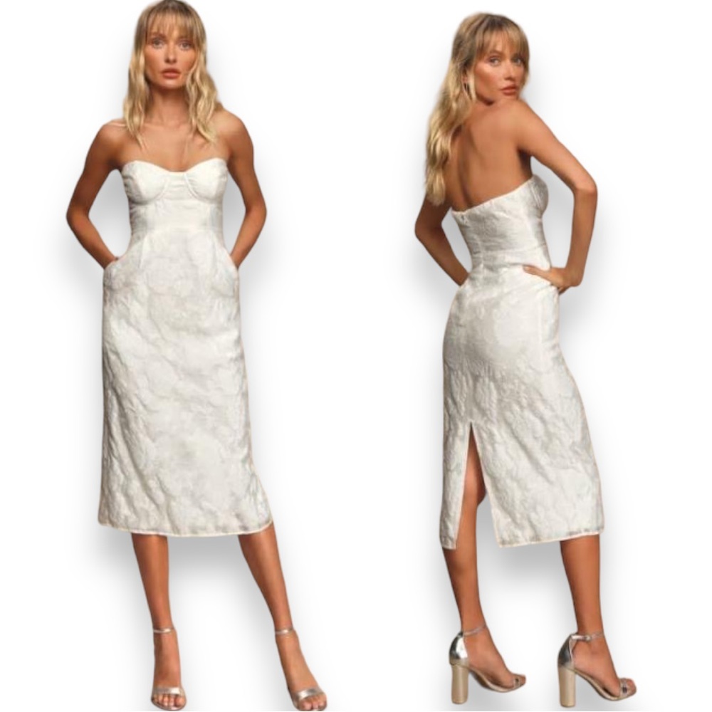 NWT Lulu’s From this Day White Floral Jacquard Strapless Midi Dress Size Small